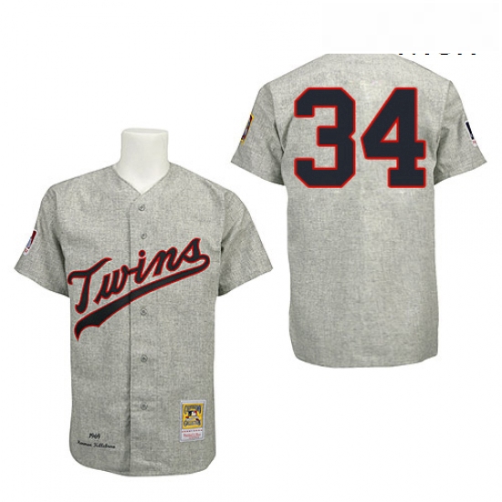 Mens Mitchell and Ness 1969 Minnesota Twins 34 Kirby Puckett Replica Grey Throwback MLB Jersey