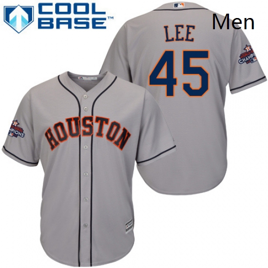 Mens Majestic Houston Astros 45 Carlos Lee Replica Grey Road 2017 World Series Champions Cool Base M