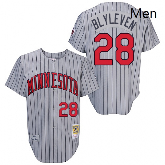 Mens Mitchell and Ness 1987 Minnesota Twins 28 Bert Blyleven Replica Grey Throwback MLB Jersey