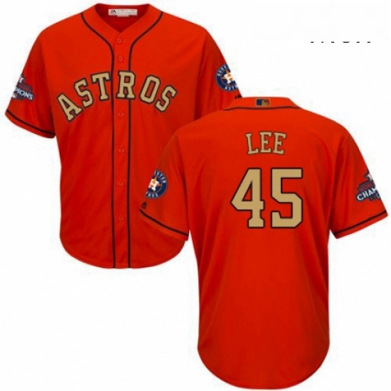 Mens Majestic Houston Astros 45 Carlos Lee Replica Orange Alternate 2018 Gold Program Cool Base MLB 