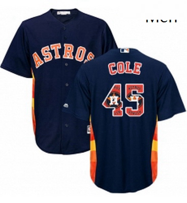 Mens Majestic Houston Astros 45 Gerrit Cole Authentic Navy Blue Team Logo Fashion Cool Base MLB Jers