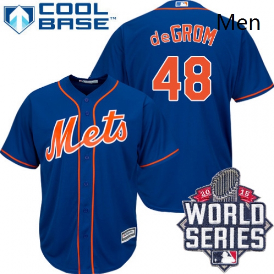 Mens Majestic New York Mets 48 Jacob deGrom Authentic Royal Blue Alternate Home Cool Base 2015 World