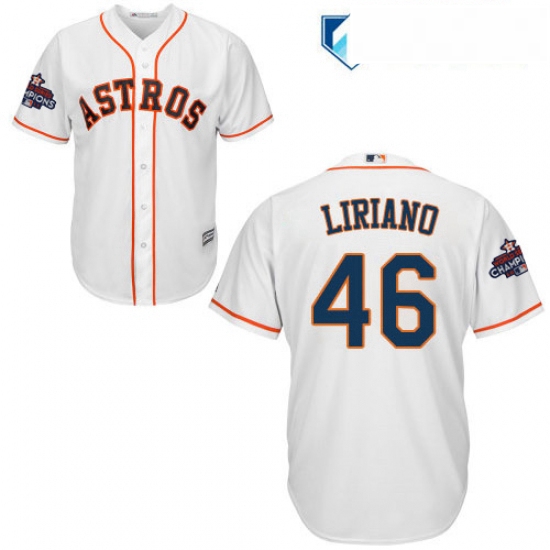 Mens Majestic Houston Astros 46 Francisco Liriano Replica White Home 2017 World Series Champions Coo