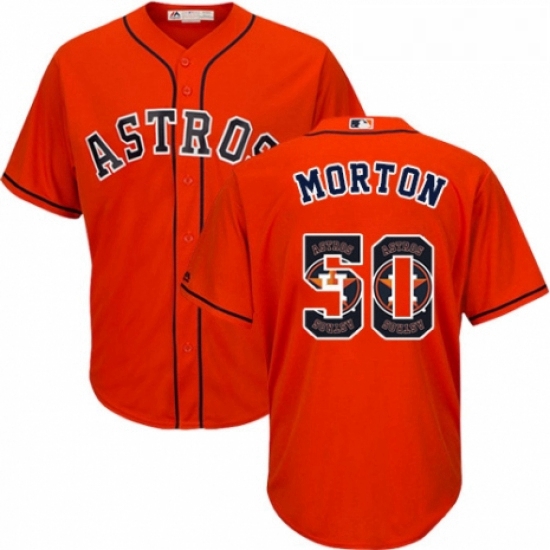 Mens Majestic Houston Astros 50 Charlie Morton Authentic Orange Team Logo Fashion Cool Base MLB Jers