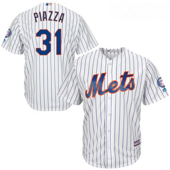 Mens Majestic New York Mets 31 Mike Piazza Authentic White Home 2016 Hall Of Fame Sleeve Patch Cool 