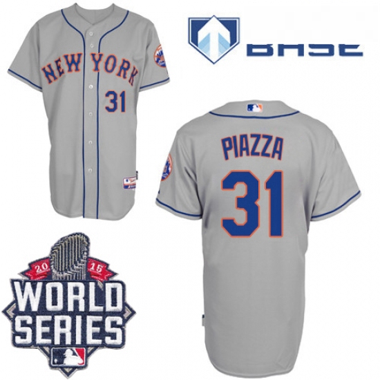 Mens Majestic New York Mets 31 Mike Piazza Replica Grey Road Cool Base 2015 World Series MLB Jersey