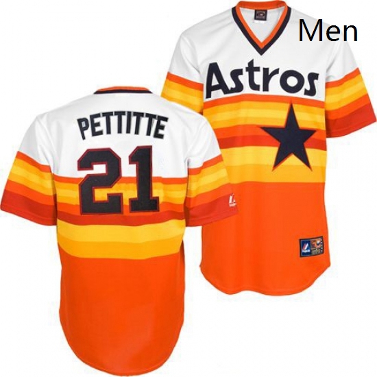 Mens Mitchell and Ness Houston Astros 21 Andy Pettitte Replica WhiteOrange Throwback MLB Jersey