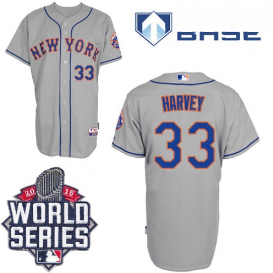 Mens Majestic New York Mets 33 Matt Harvey Authentic Grey Road Cool Base 2015 World Series MLB Jerse