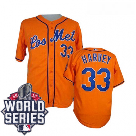 Mens Majestic New York Mets 33 Matt Harvey Authentic Orange Los Mets Cool Base 2015 World Series MLB