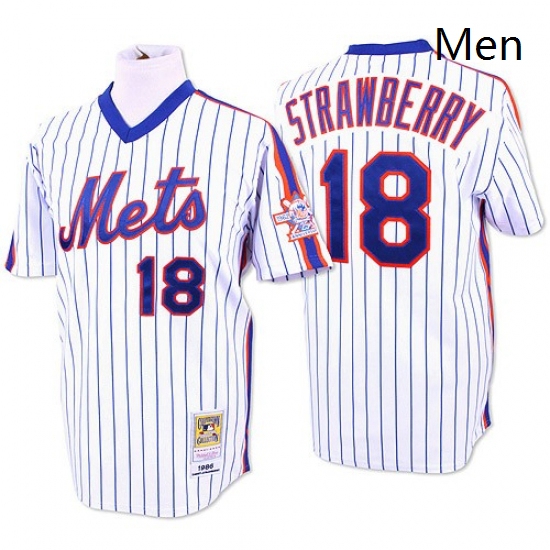 Mens Mitchell and Ness New York Mets 18 Darryl Strawberry Replica WhiteBlue Strip Throwback MLB Jers