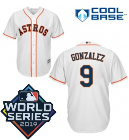 Mens Majestic Houston Astros 9 Marwin Gonzalez Replica White Home Cool Base Sitched 2019 World Serie