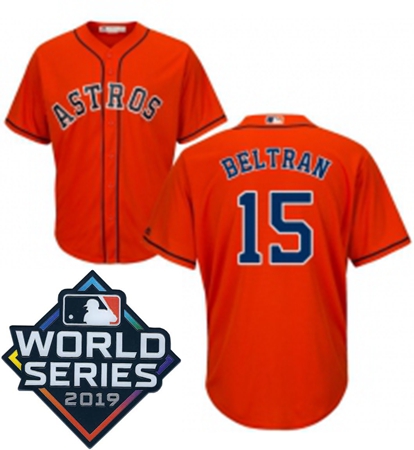 Mens Majestic Houston Astros 15 Carlos Beltran Replica Orange Alternate Cool Base Sitched 2019 World