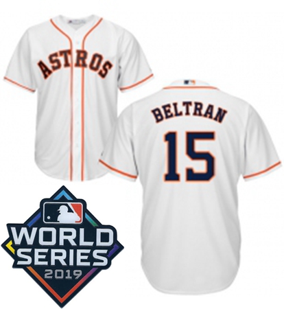 Mens Majestic Houston Astros 15 Carlos Beltran Replica White Home Cool Base Sitched 2019 World Serie