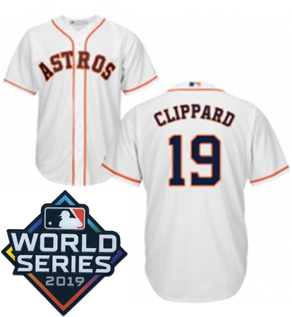 Mens Majestic Houston Astros 19 Tyler Clippard Replica White Home Cool Base Sitched 2019 World Serie