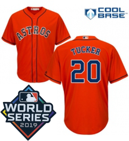 Mens Majestic Houston Astros 20 Preston Tucker Replica Orange Alternate Cool Base Sitched 2019 World