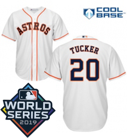 Mens Majestic Houston Astros 20 Preston Tucker Replica White Home Cool Base Sitched 2019 World Serie