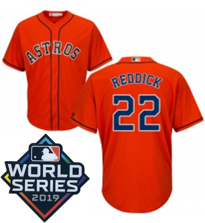 Mens Majestic Houston Astros 22 Josh Reddick Replica Orange Alternate Cool Base Sitched 2019 World S