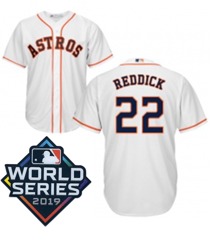 Mens Majestic Houston Astros 22 Josh Reddick Replica White Home Cool Base Sitched 2019 World Series 