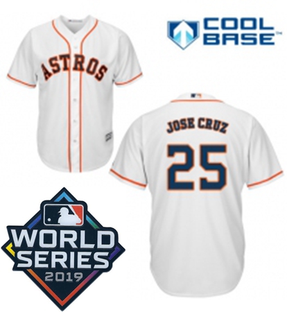 Mens Majestic Houston Astros 25 Jose Cruz Jr Replica White Home Cool Base Sitched 2019 World Series 