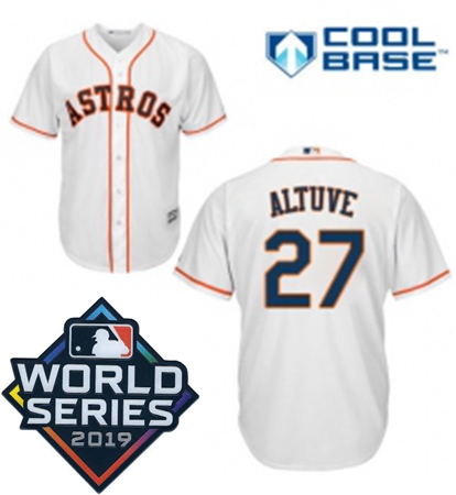 Mens Majestic Houston Astros 27 Jose Altuve Replica White Home Cool Base Sitched 2019 World Series P