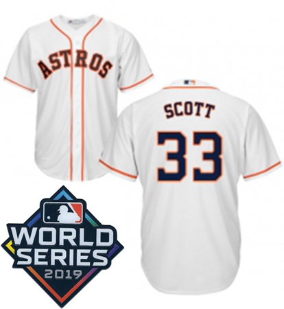 Mens Majestic Houston Astros 33 Mike Scott Replica White Home Cool Base Sitched 2019 World Series Pa