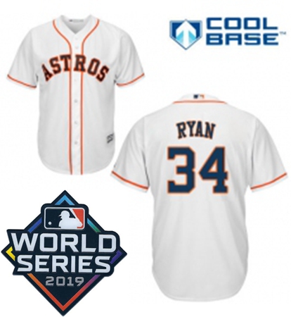 Mens Majestic Houston Astros 34 Nolan Ryan Replica White Home Cool Base Sitched 2019 World Series Pa