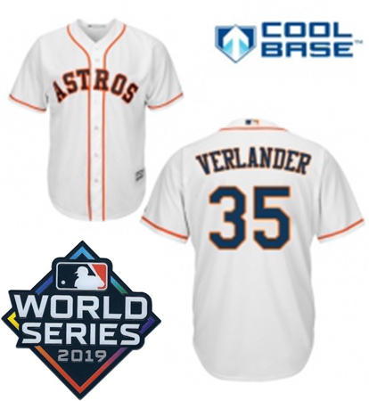 Mens Majestic Houston Astros 35 Justin Verlander Replica White Home Cool Base Sitched 2019 World Ser