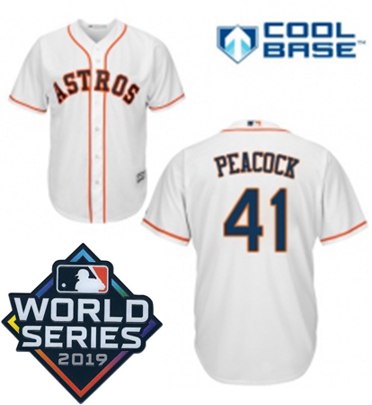 Mens Majestic Houston Astros 41 Brad Peacock Replica White Home Cool Base Sitched 2019 World Series 