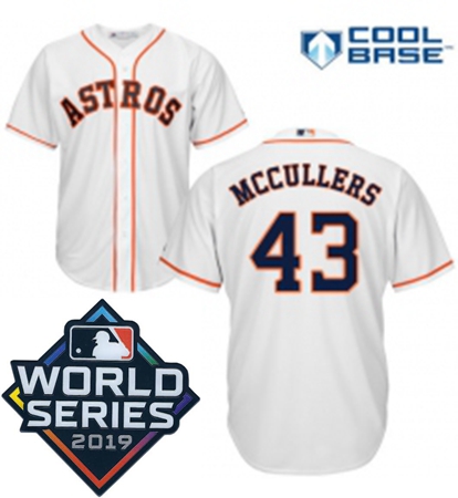 Mens Majestic Houston Astros 43 Lance McCullers Replica White Home Cool Base Sitched 2019 World Seri