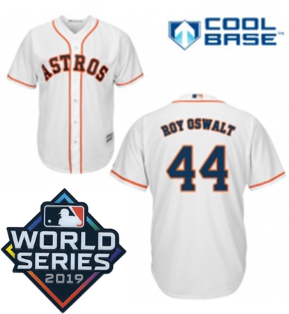 Mens Majestic Houston Astros 44 Roy Oswalt Replica White Home Cool Base Sitched 2019 World Series Pa