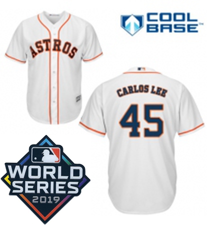 Mens Majestic Houston Astros 45 Carlos Lee Replica White Home Cool Base Sitched 2019 World Series Pa