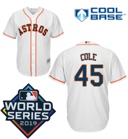 Mens Majestic Houston Astros 45 Gerrit Cole Replica White Home Cool Base Sitched 2019 World Series P