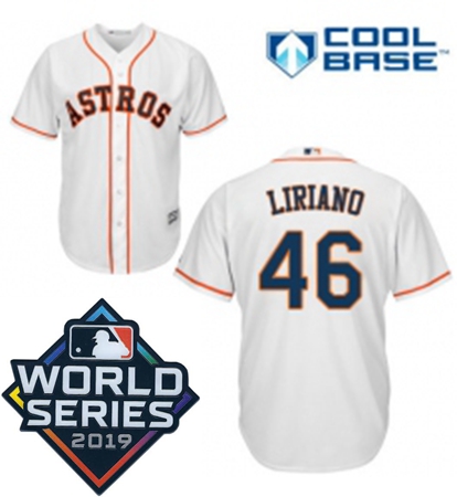 Mens Majestic Houston Astros 46 Francisco Liriano Replica White Home Cool Base Sitched 2019 World Se