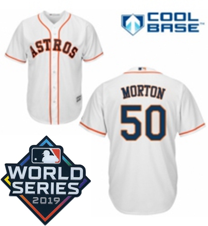 Mens Majestic Houston Astros 50 Charlie Morton Replica White Home Cool Base Sitched 2019 World Serie