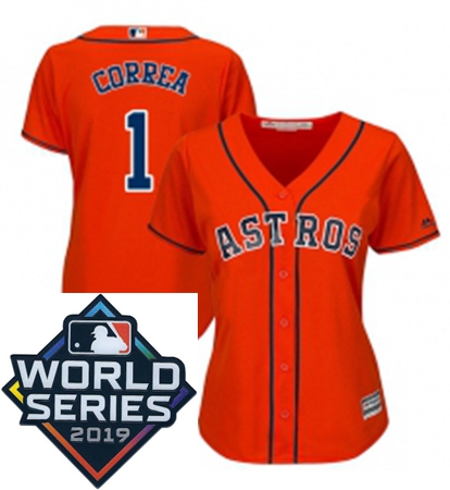 Womens Majestic Houston Astros 1 Carlos Correa Orange Alternate Cool Base Sitched 2019 World Series 