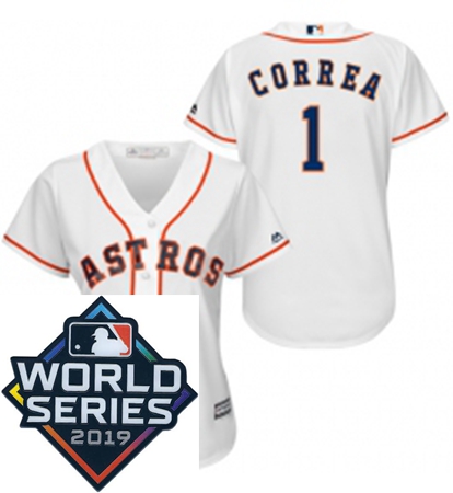 Womens Majestic Houston Astros 1 Carlos Correa White Home Cool Base Sitched 2019 World Series Patch 