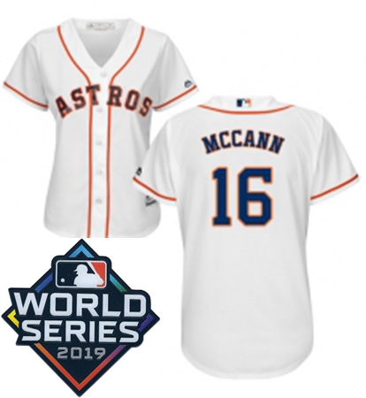 Womens Majestic Houston Astros 16 Brian McCann White Home Cool Base Sitched 2019 World Series Patch 