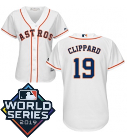 Womens Majestic Houston Astros 19 Tyler Clippard White Home Cool Base Sitched 2019 World Series Patc