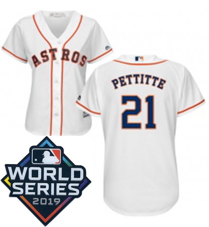 Womens Majestic Houston Astros 21 Andy Pettitte White Home Cool Base Sitched 2019 World Series Patch