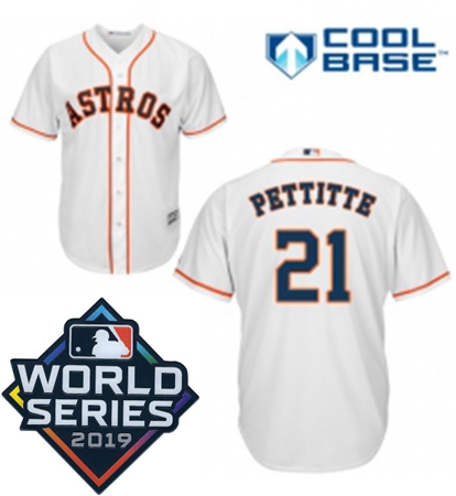 Youth Majestic Houston Astros 21 Andy Pettitte White Home Cool Base Sitched 2019 World Series Patch 