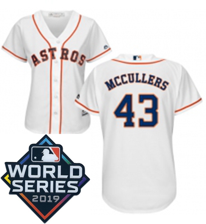 Womens Majestic Houston Astros 43 Lance McCullers White Home Cool Base Sitched 2019 World Series Pat