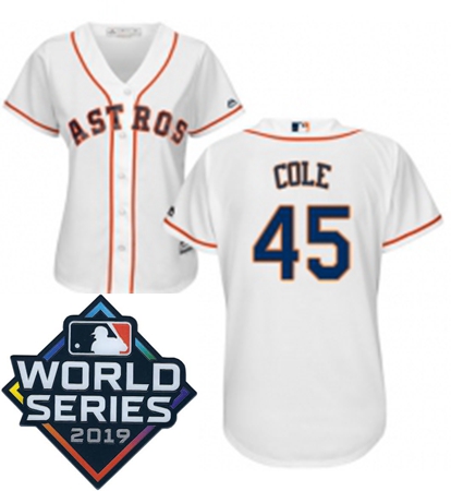 Womens Majestic Houston Astros 45 Gerrit Cole White Home Cool Base Sitched 2019 World Series Patch j