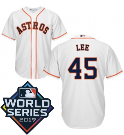 Youth Majestic Houston Astros 45 Carlos Lee White Home Cool Base Sitched 2019 World Series Patch Jer