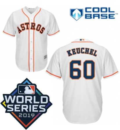 Youth Majestic Houston Astros 60 Dallas Keuchel White Home Cool Base Sitched 2019 World Series Patch