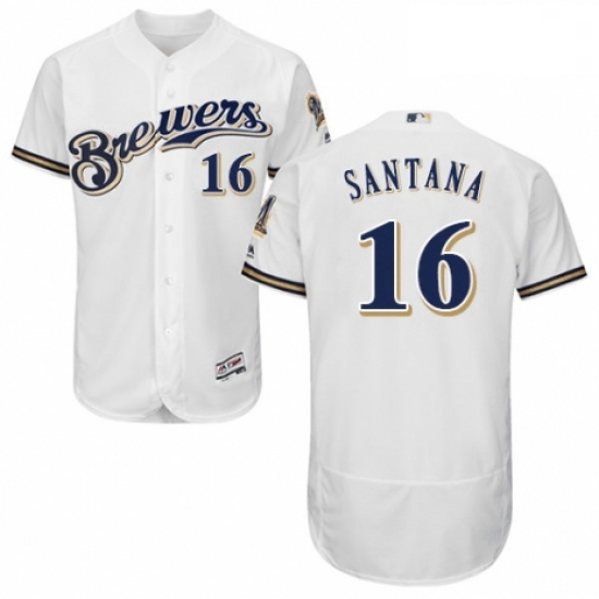 Mens Majestic Milwaukee Brewers 16 Domingo Santana Navy Blue Alternate Flex Base Authentic Collectio