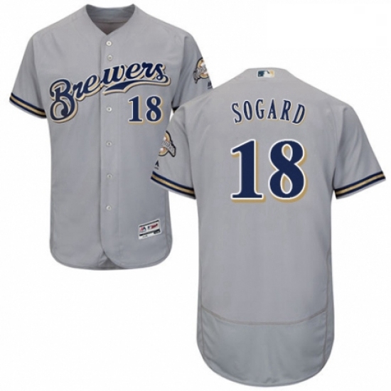 Mens Majestic Milwaukee Brewers 18 Eric Sogard Grey Road Flex Base Authentic Collection MLB Jersey