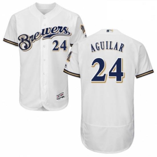 Mens Majestic Milwaukee Brewers 24 Jesus Aguilar White Alternate Flex Base Authentic Collection MLB 