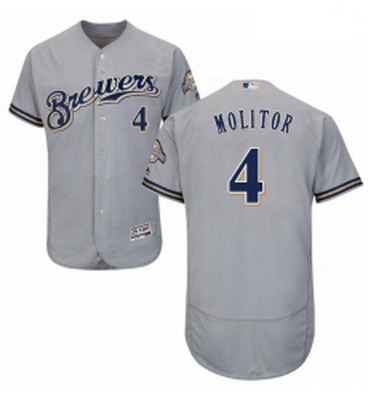 Mens Majestic Milwaukee Brewers 4 Paul Molitor Grey Road Flex Base Authentic Collection MLB Jersey