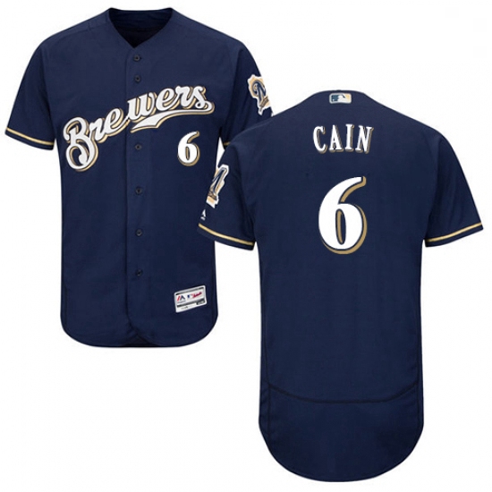 Mens Majestic Milwaukee Brewers 6 Lorenzo Cain Navy Blue Alternate Flex Base Authentic Collection ML