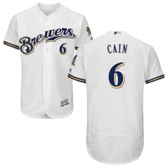 Mens Majestic Milwaukee Brewers 6 Lorenzo Cain White Alternate Flex Base Authentic Collection MLB Je